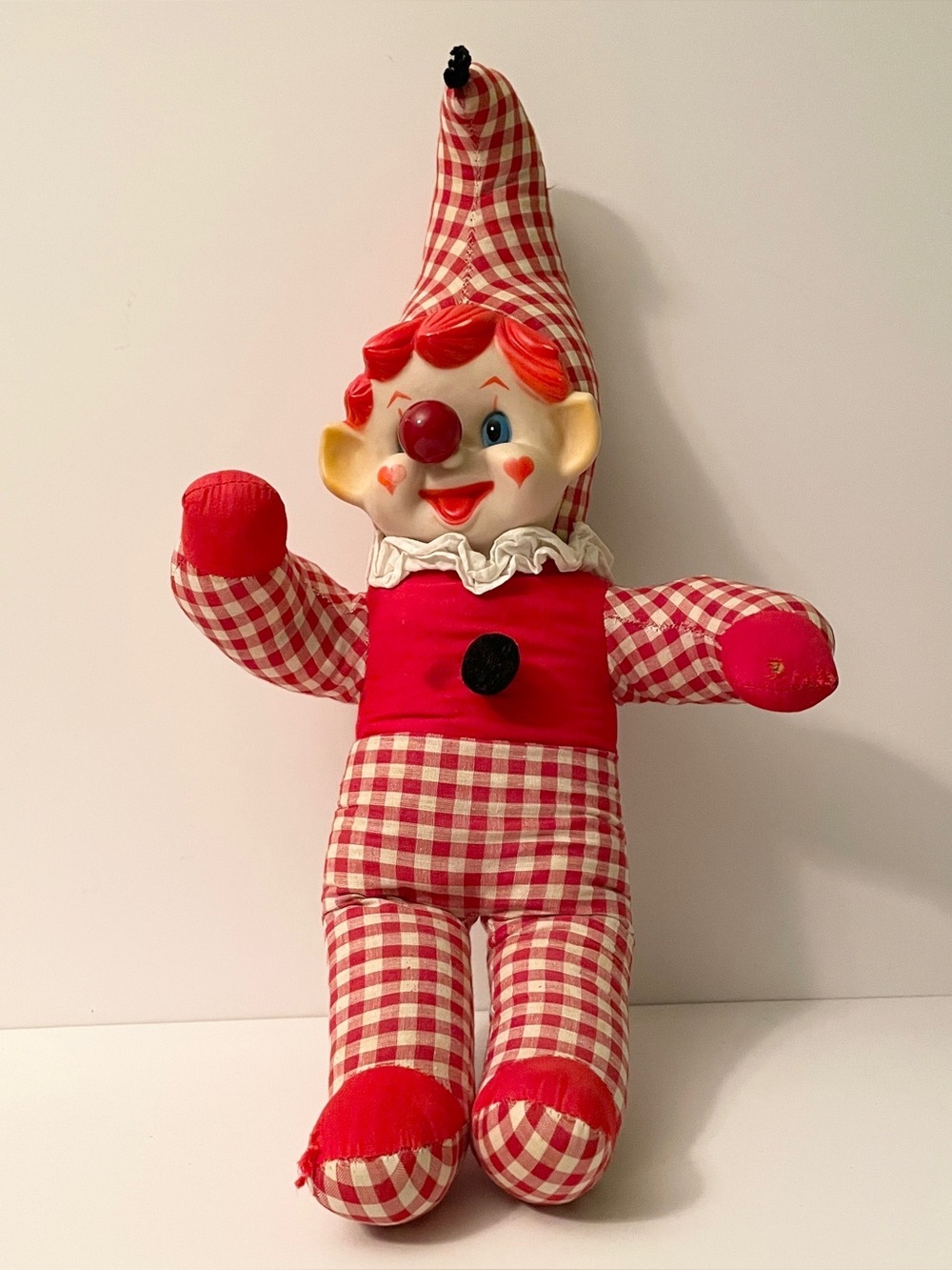 Vintage Musical Clown Doll Red Gingham Nose Wind Up Toy⁠